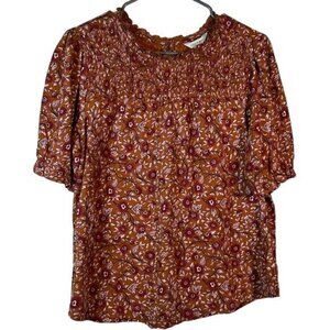 Women's Lucky Brand Burnt Orange Floral Short Sleeve Top Blouse SIze Large EUC
